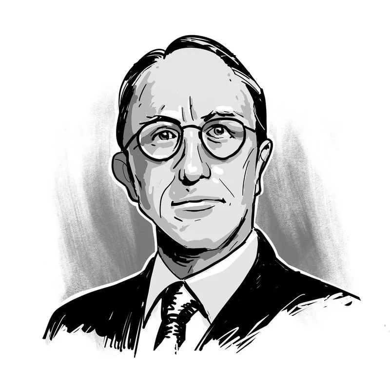 A black and white drawing of a man in a suit and tie, wearing glasses, with a serious expression.