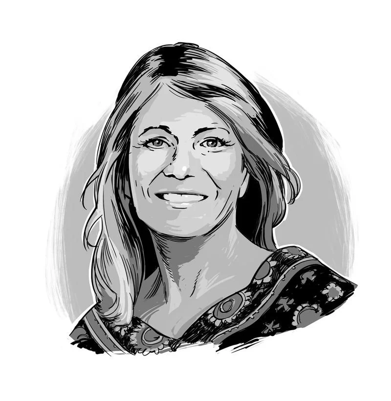 Black and white digital illustration of a woman with long hair, smiling, wearing a dress with a floral pattern.