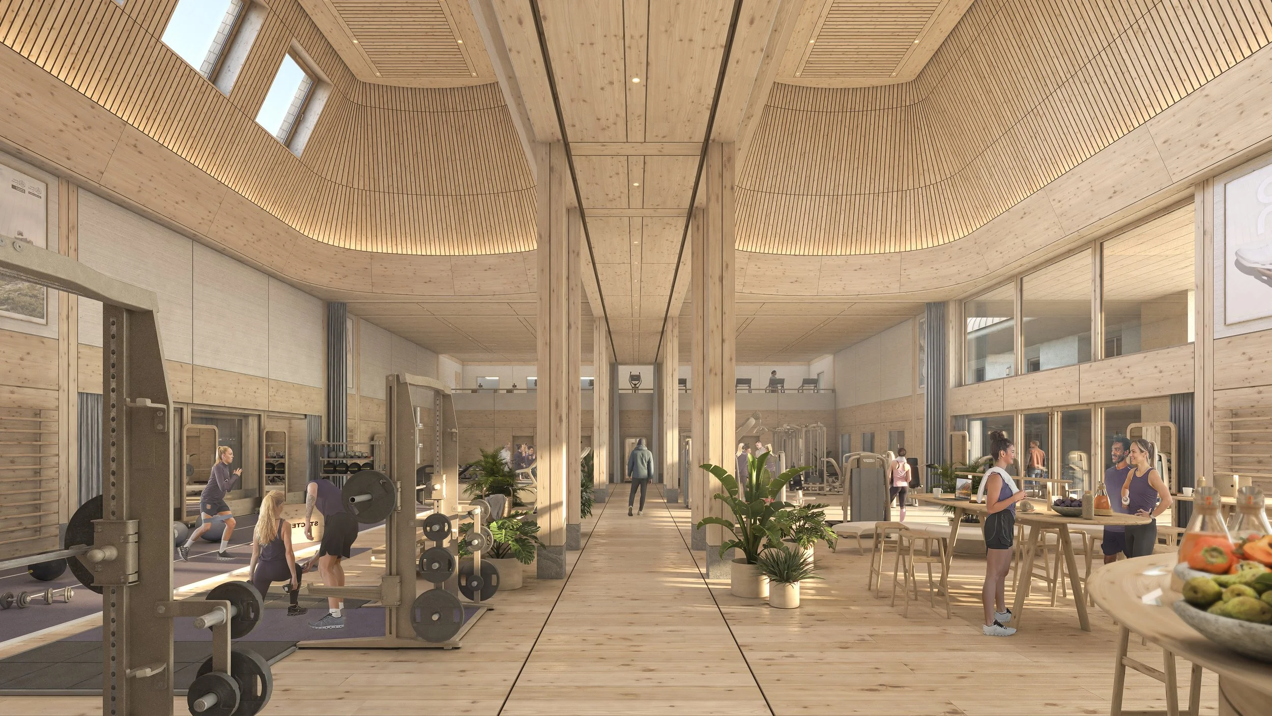 Interior of a modern gym with wooden walls and ceiling, filled with people working out, chatting, and using equipment, with some plants and a table with snacks in the foreground.