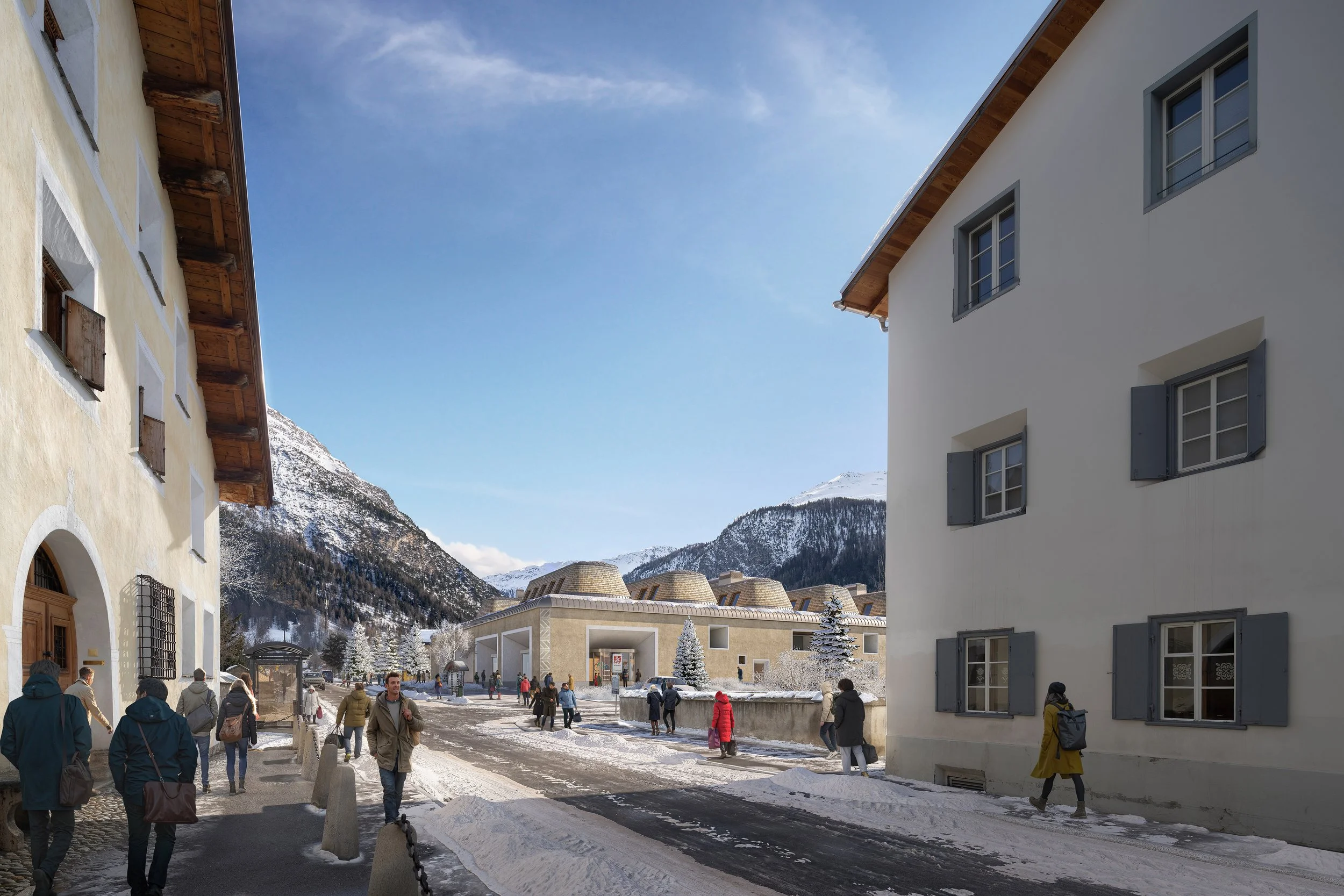 A snowy mountain village with pedestrians walking on snow-covered streets, white buildings with gray shutters, and snow-capped mountains in the background during daytime.