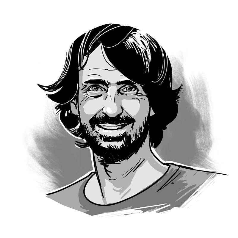 Black and white digital illustration of a smiling man with long wavy hair and a beard, wearing a casual shirt.