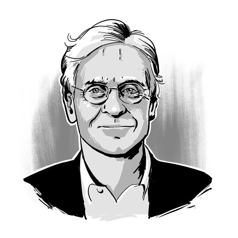 Black and white illustration of a man with glasses, gray hair, smiling, wearing a suit jacket over a collared shirt.