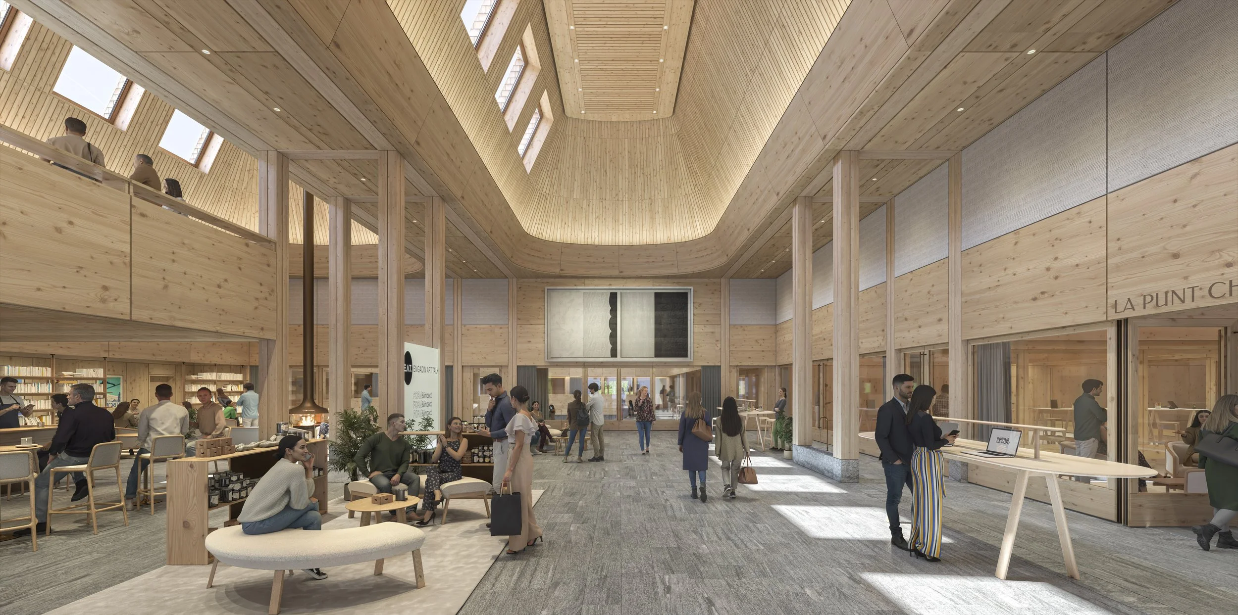 Interior of a spacious, modern library or community center with wooden paneling, high ceiling, and large windows. People are reading, walking, and socializing.
