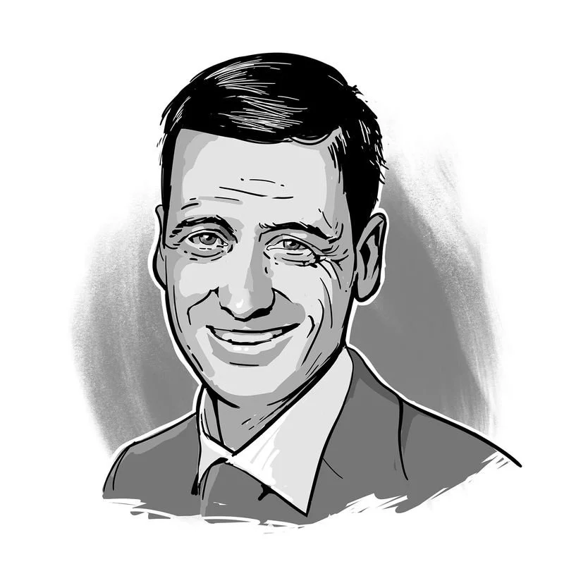 Black and white cartoon illustration of a smiling man in a suit with slicked-back hair, winking.