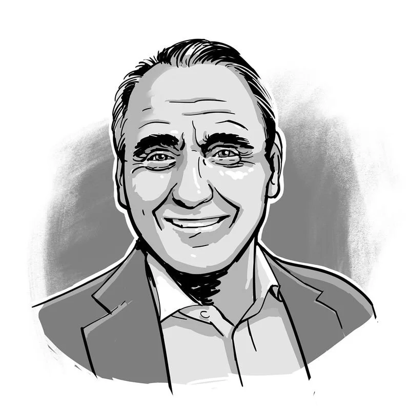 Cartoon-style black and white illustration of a smiling man in a suit and collared shirt.