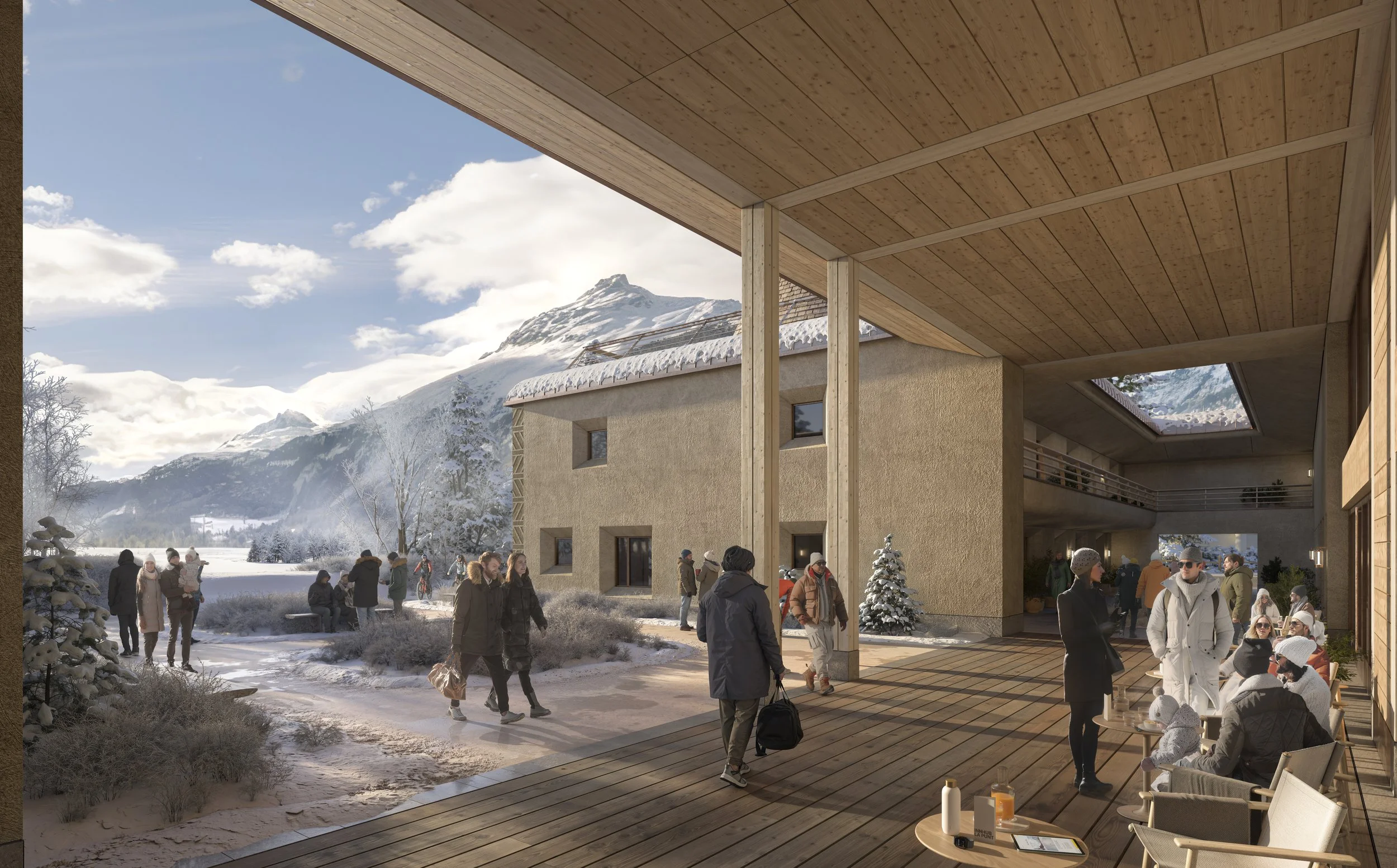 People gather outside a modern building with a mountain backdrop, some sitting at tables and others walking on snow-covered ground, under a wooden roof patio.