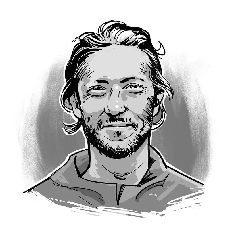 Black and white digital drawing of a man with long, wavy hair and a beard, wearing a hoodie.