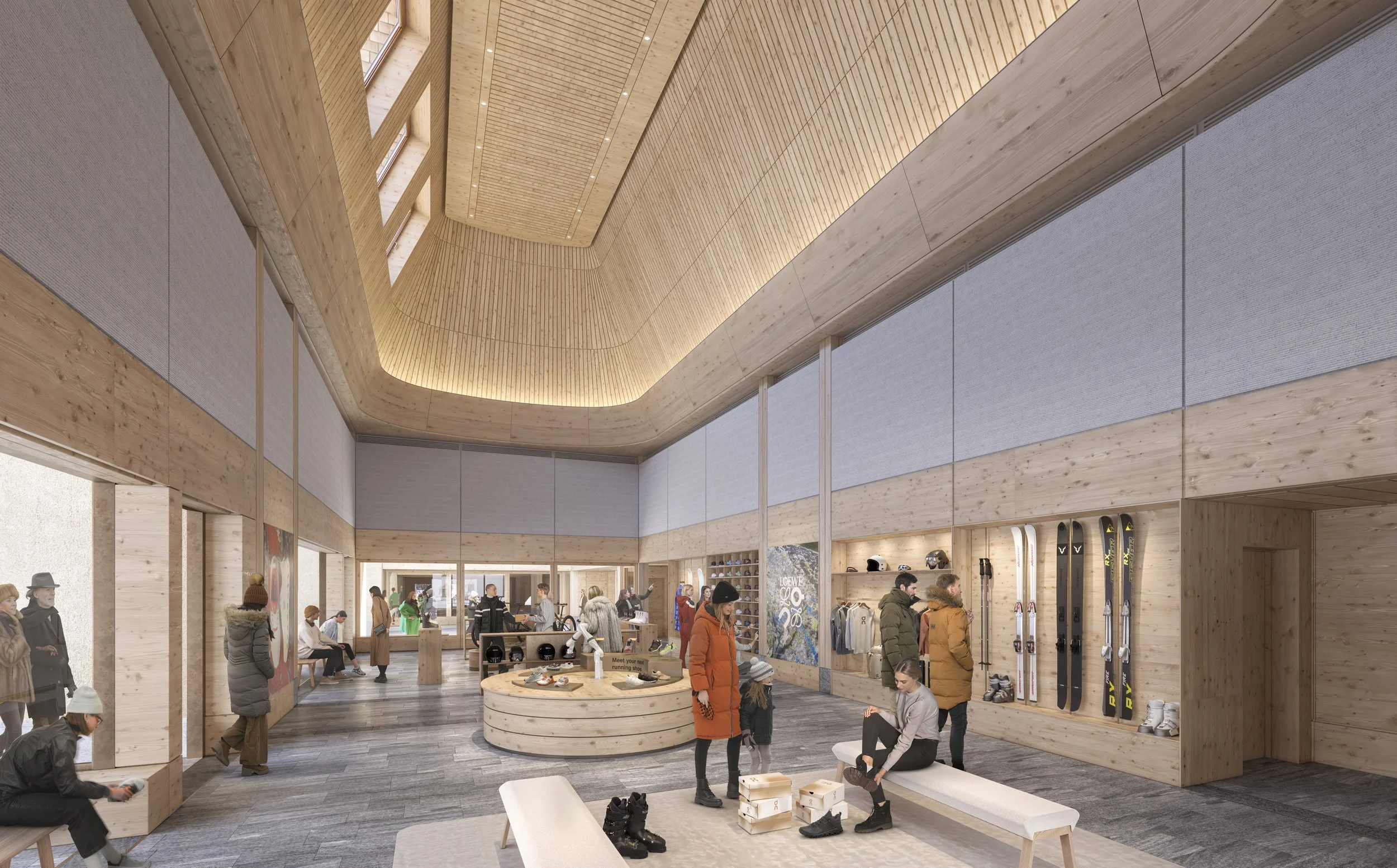 Interior view of a ski shop with light wood walls and ceiling, featuring ski equipment on display, customers browsing, and a welcoming seating area.