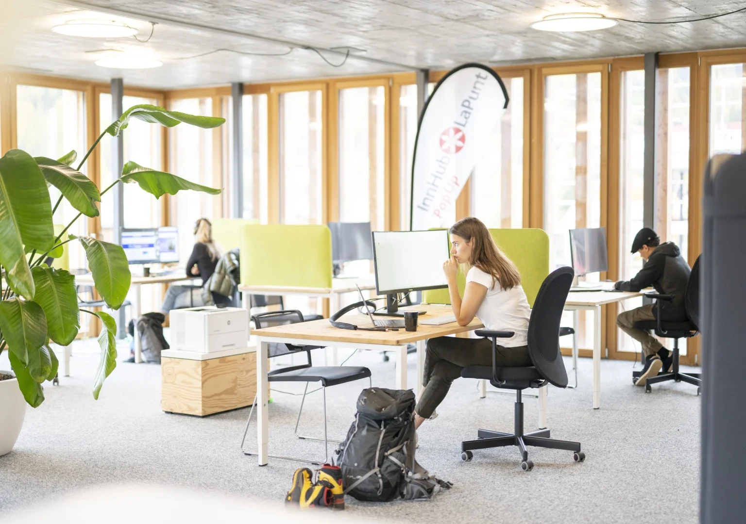 People working at desks in a modern office with large windows, plants, and a banner in the background.