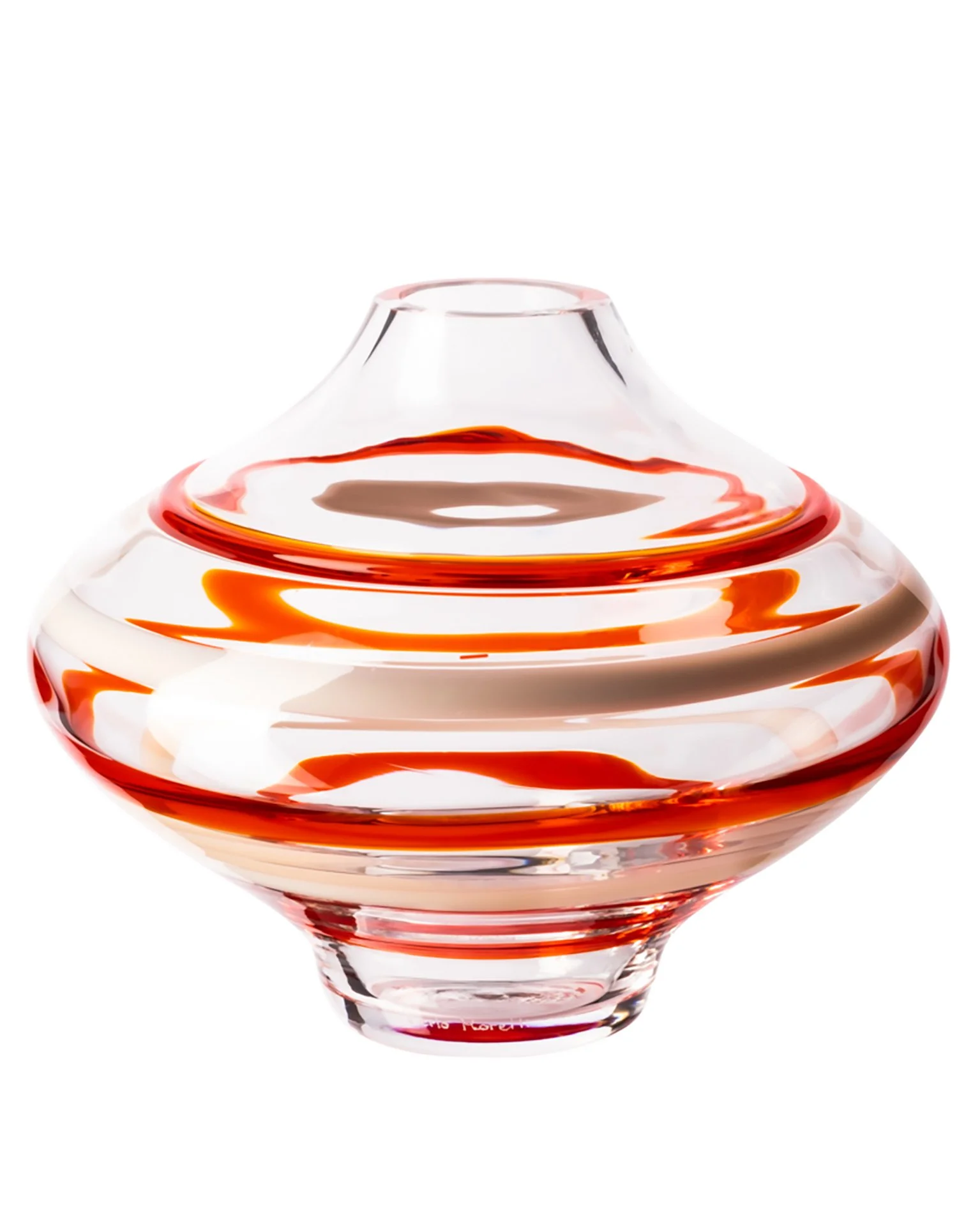 A glass vase with swirling orange and white patterns, featuring a wide base, a rounded body, and a narrow open top.