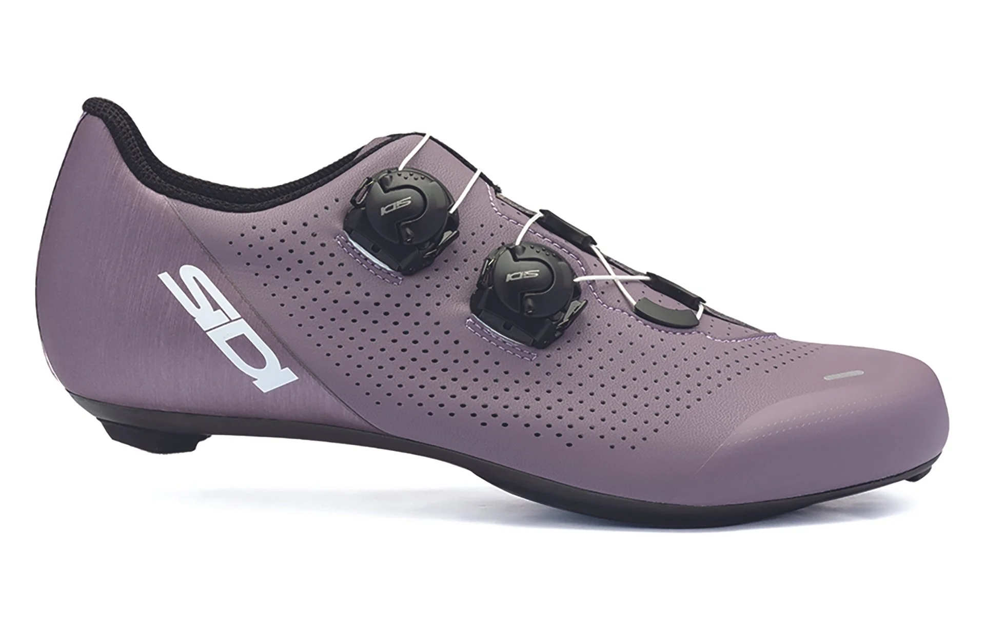 Purple cycling shoe with Black SPD cleats and cleat covers, side view