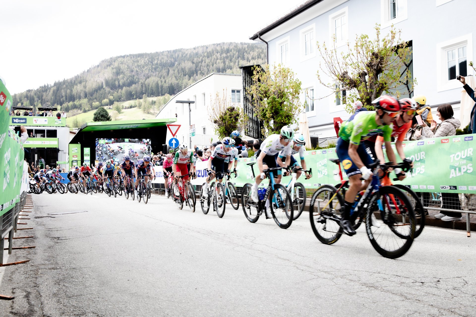 Cyclists participating in a race, riding on a street with spectators on the side, during the Tour of the Alps cycling race.