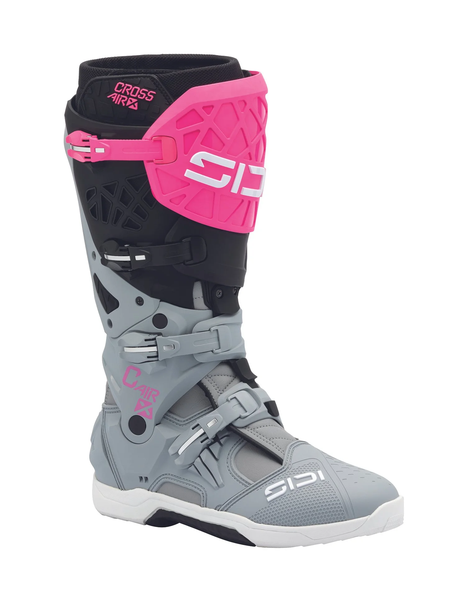 A motocross boot with gray, black, pink, and white colors featuring multiple straps and a protective design.