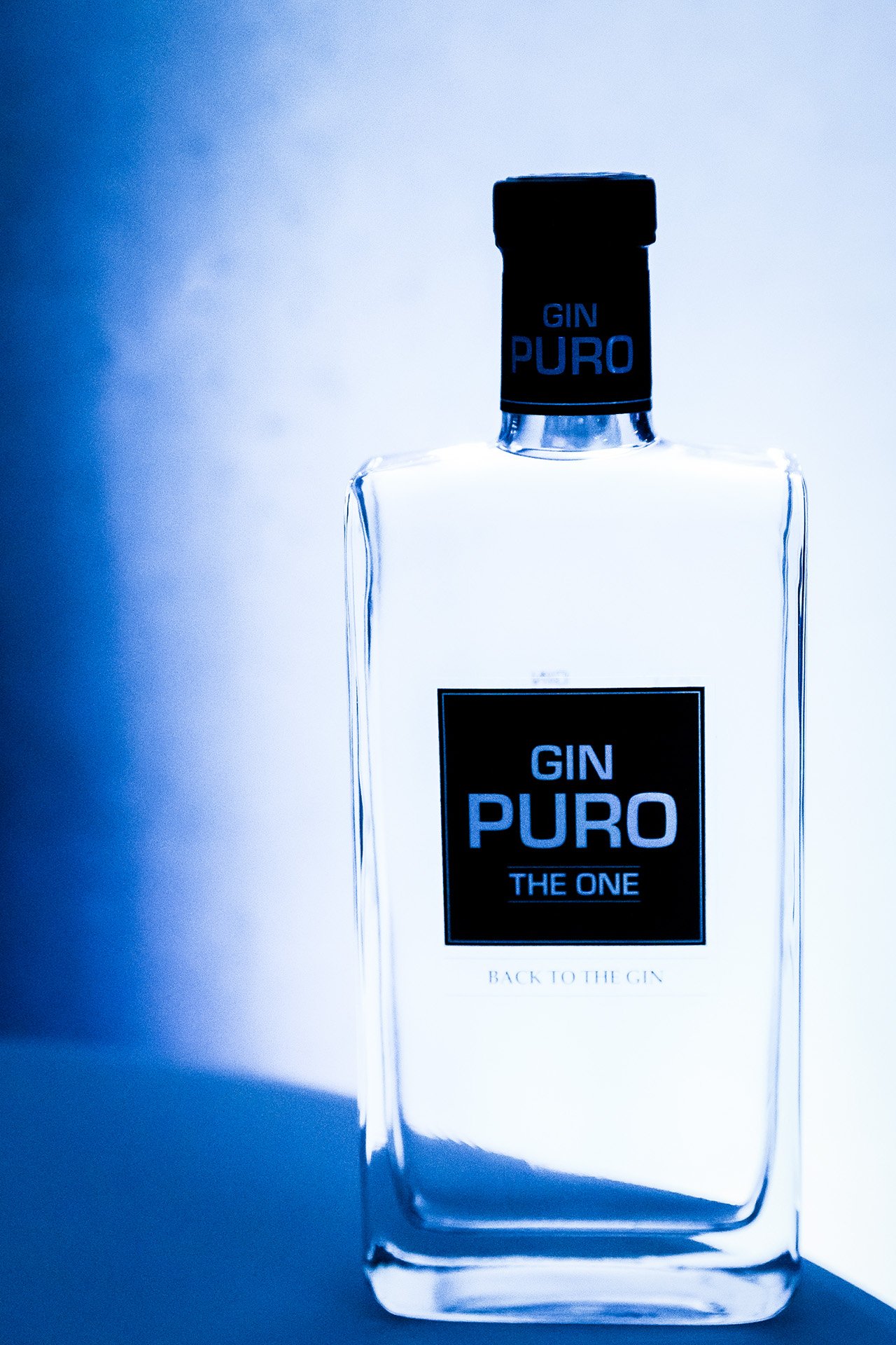 Clear gin bottle labeled 'GIN PURO THE ONE' with black cap, positioned against a light background with shadows.