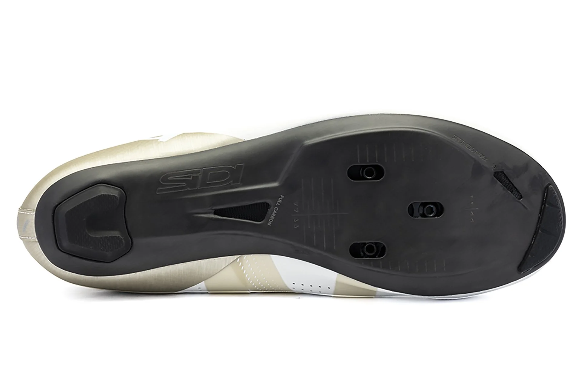 The bottom of a bike shoe showing cleat mounting holes and a black rubber heel pad.