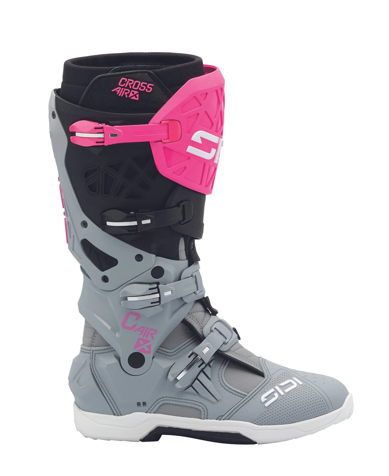 A motocross or dirt bike riding boot in gray, black, pink, and white colors with adjustable buckles and protective padding.