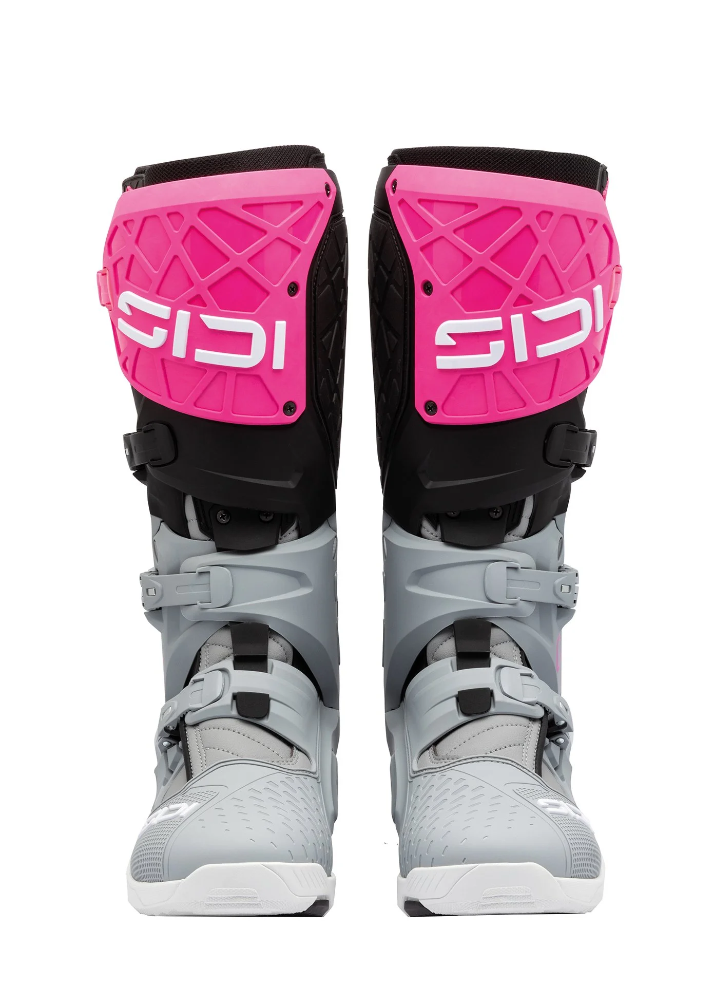 A pair of gray and black motocross boots with pink knee guards labeled 'SIDI' on a white background.