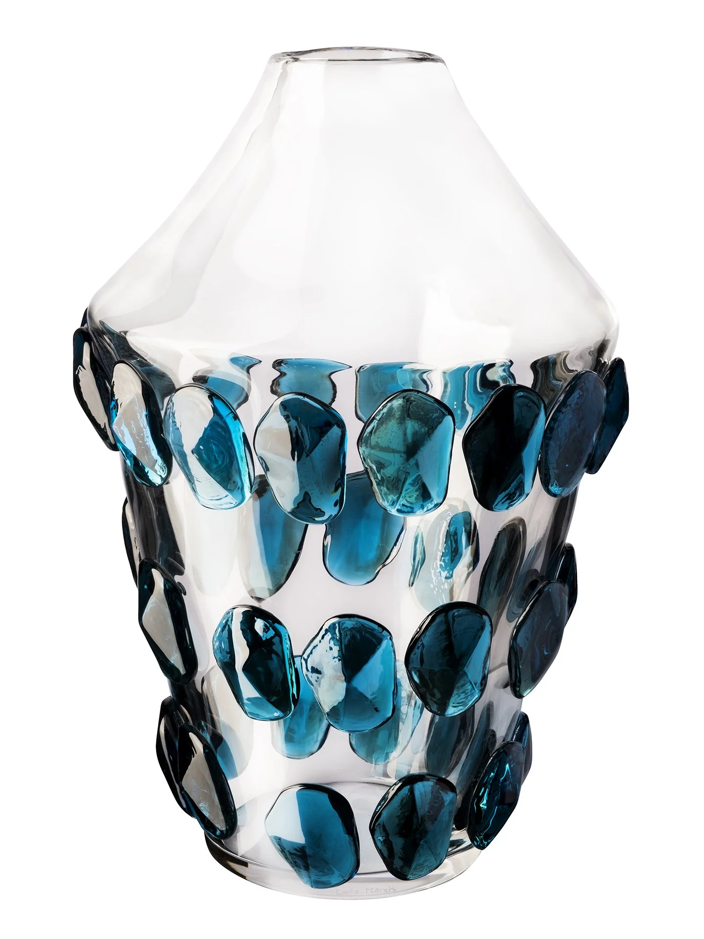 Glass vase with blue and black decorative stones on the outside.