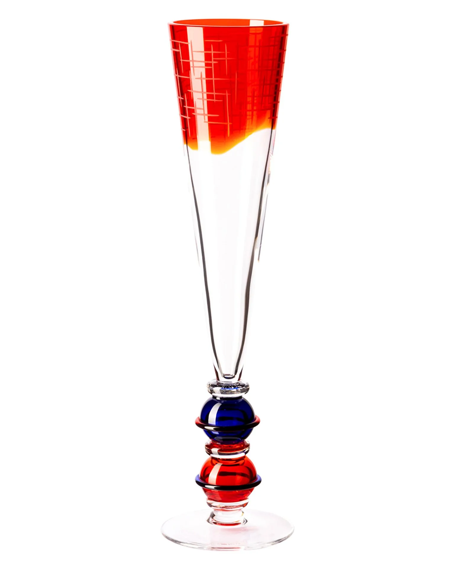 Colorful glass with red, white, and blue accents, tall and slender, with a unique decorative base.