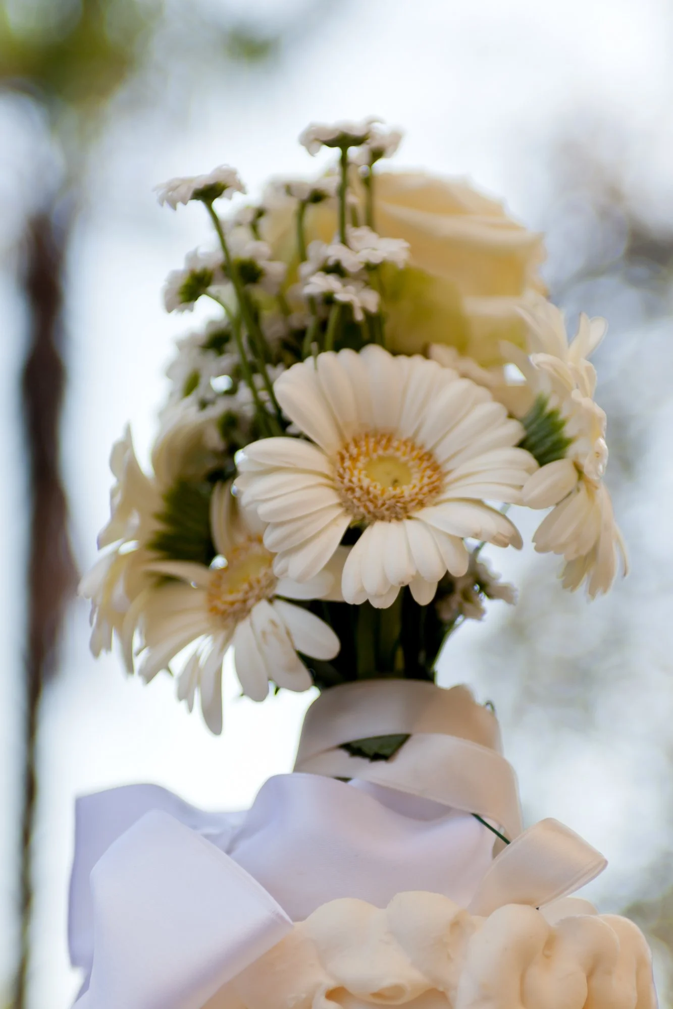 A close-up of a white floral bouquet with daisies and roses, wrapped with white ribbon.