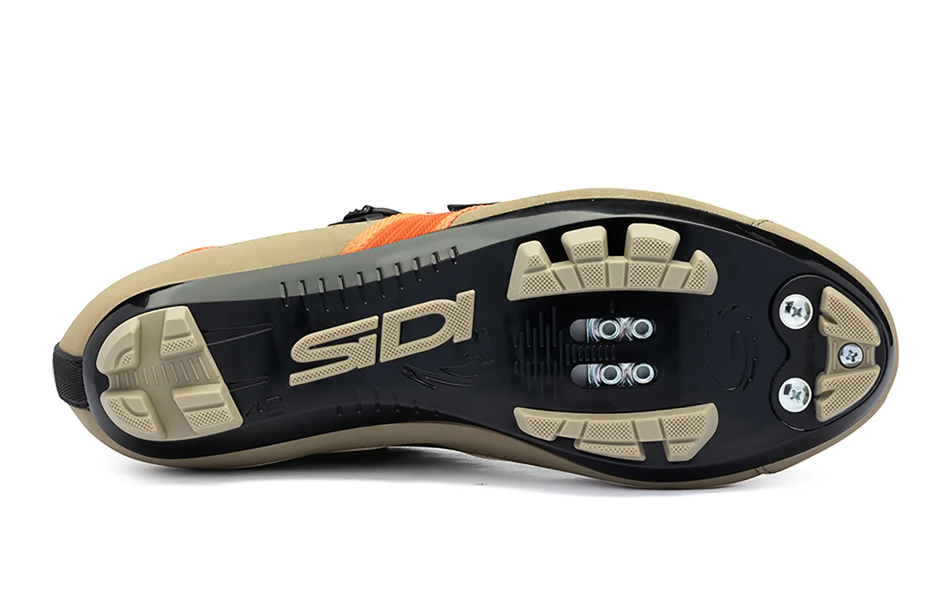 The bottom sole of a Specialized cycling shoe showing the cleat mounting area, with two small cleats attached, and the brand name 'S-Works'.