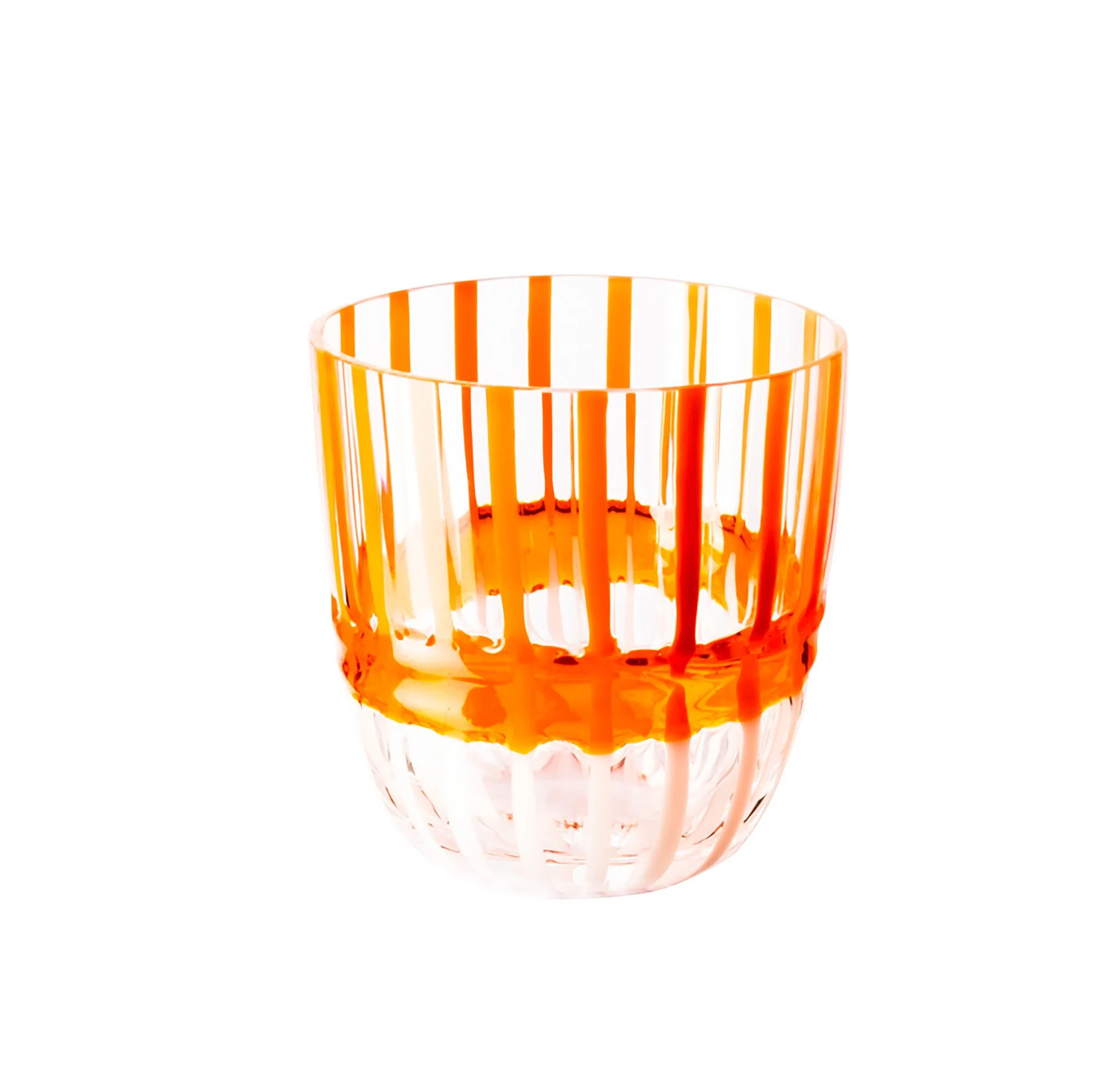 Orange and clear glass tumbler with vertical orange stripes and a textured base.