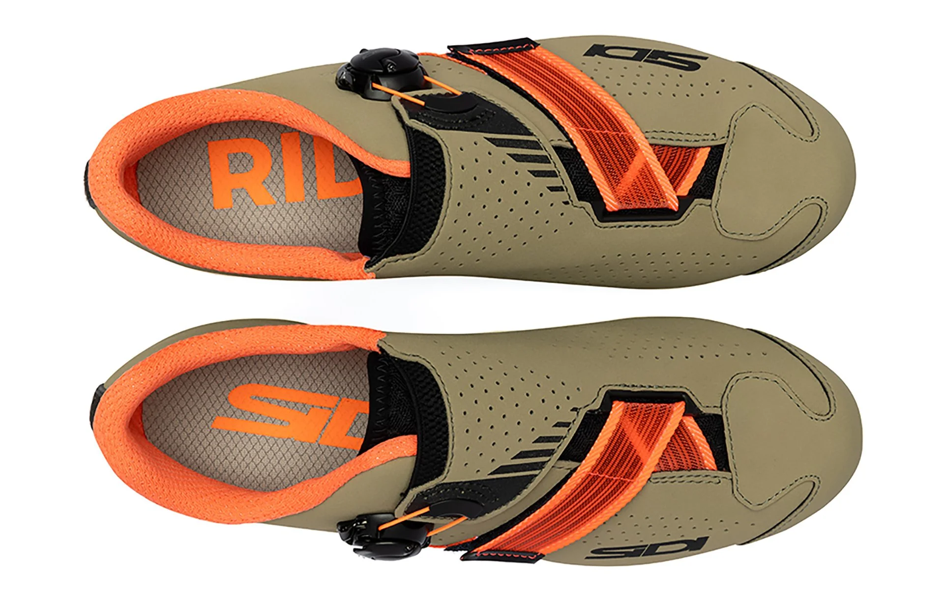 Pair of olive green and orange cycling shoes with black adjustable straps and perforations for breathability.