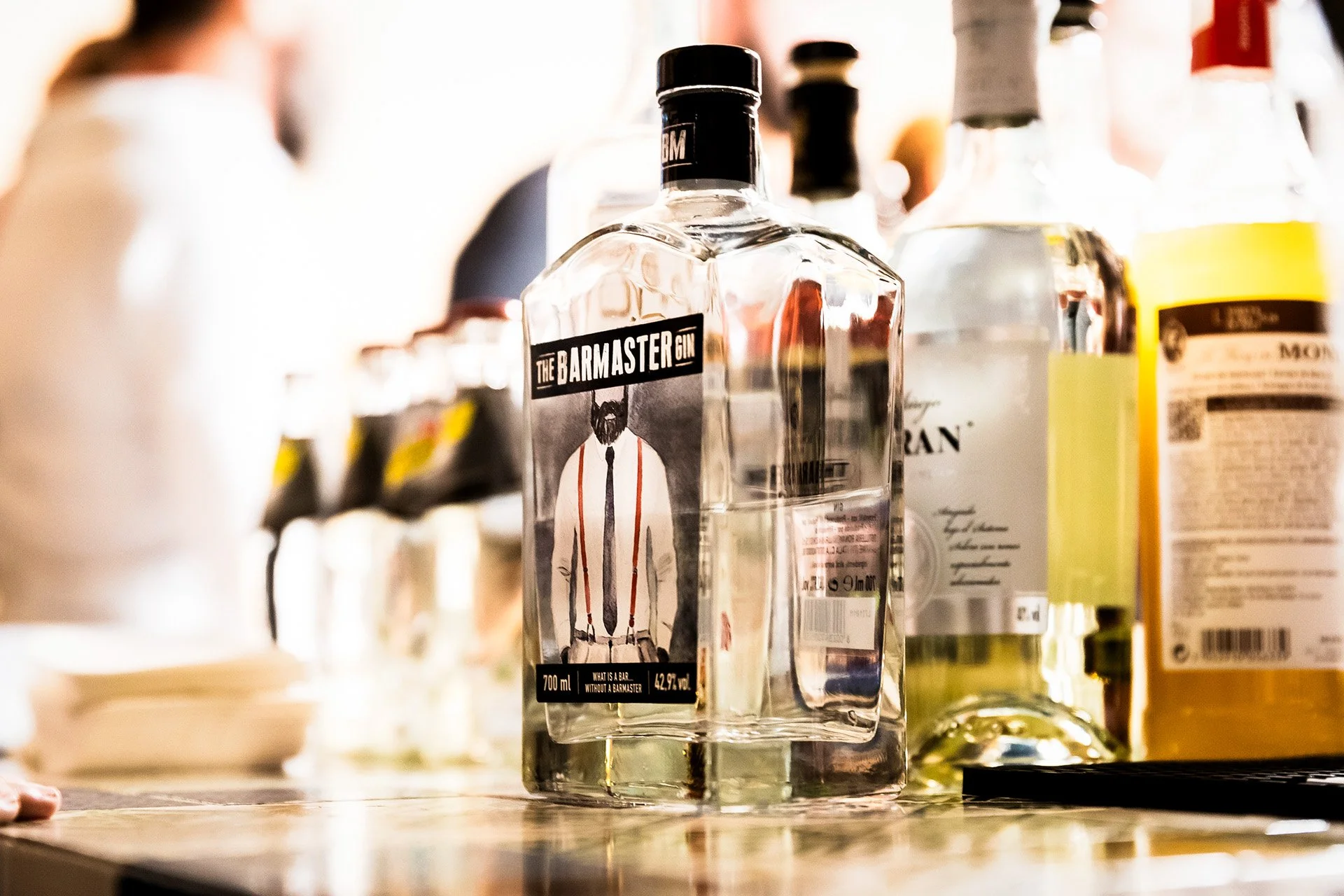 A clear glass bottle of The Barmaster Gin with a label featuring an illustration of a bearded man in a suit and tie. Other liquor bottles are visible in the background.