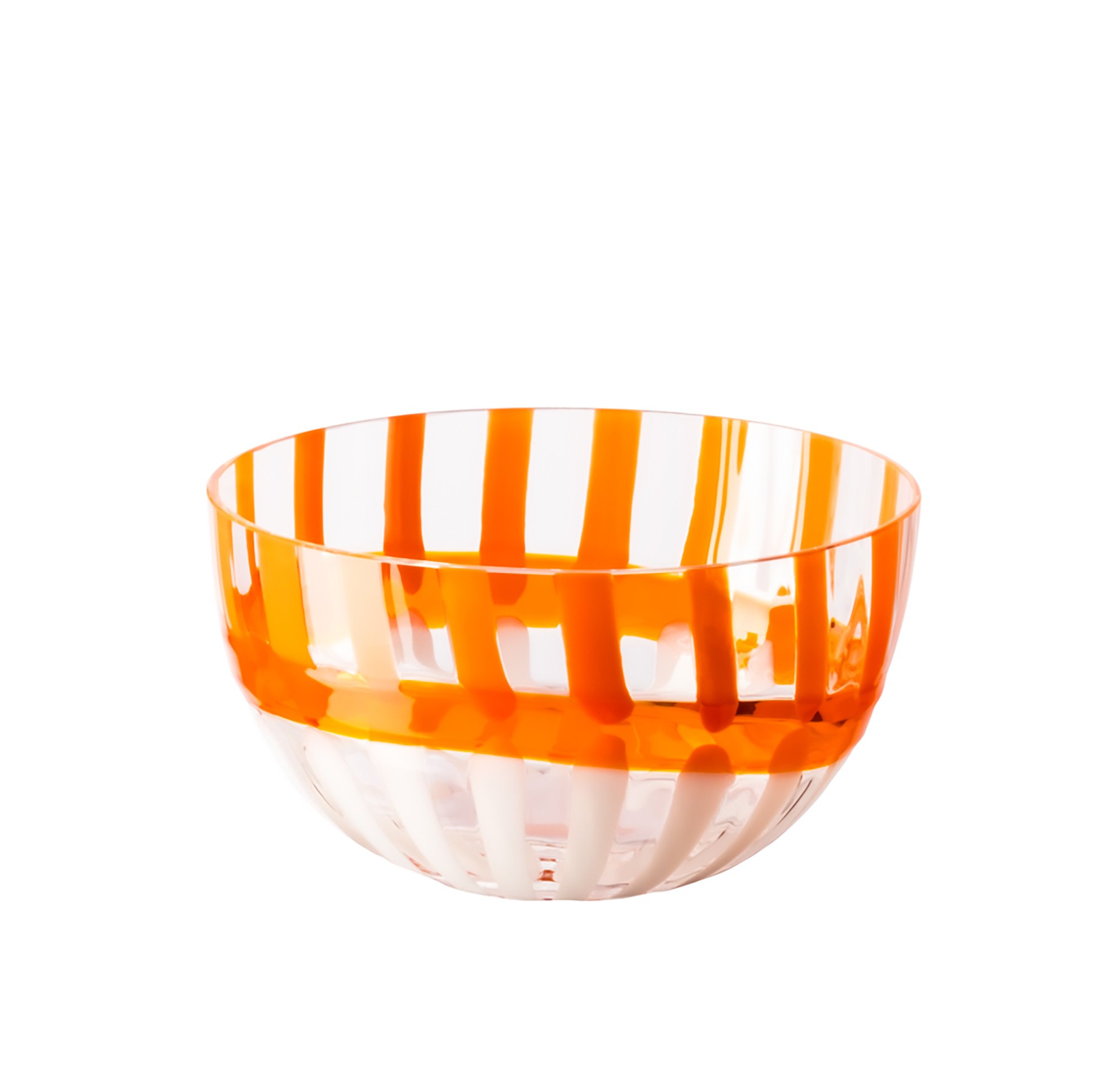 Orange and clear glass bowl with vertical stripe pattern, isolated on white background.