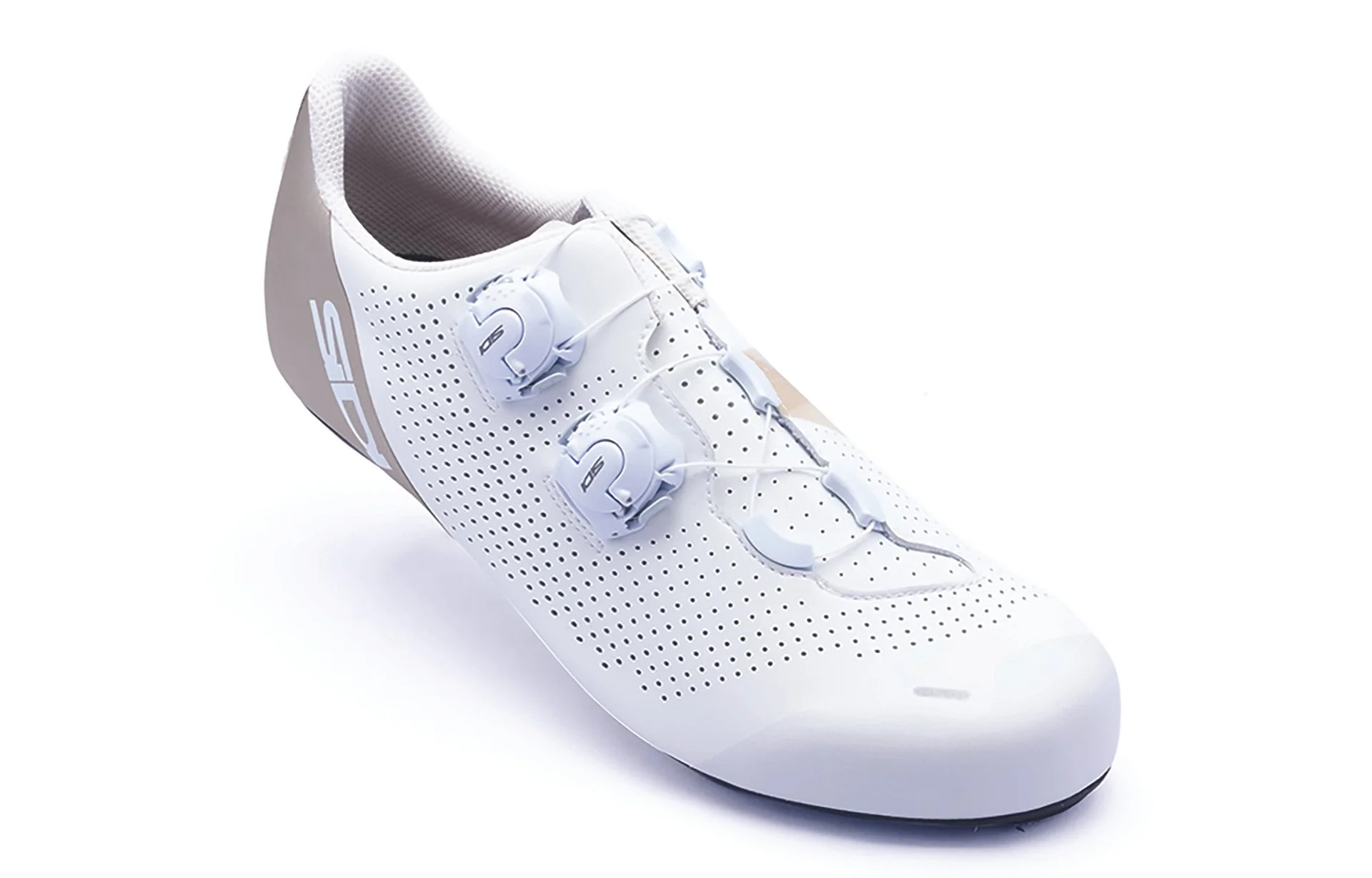 A white cycling shoe with perforations and two dials for tightening, designed for a road bike, with the brand logo on the side.