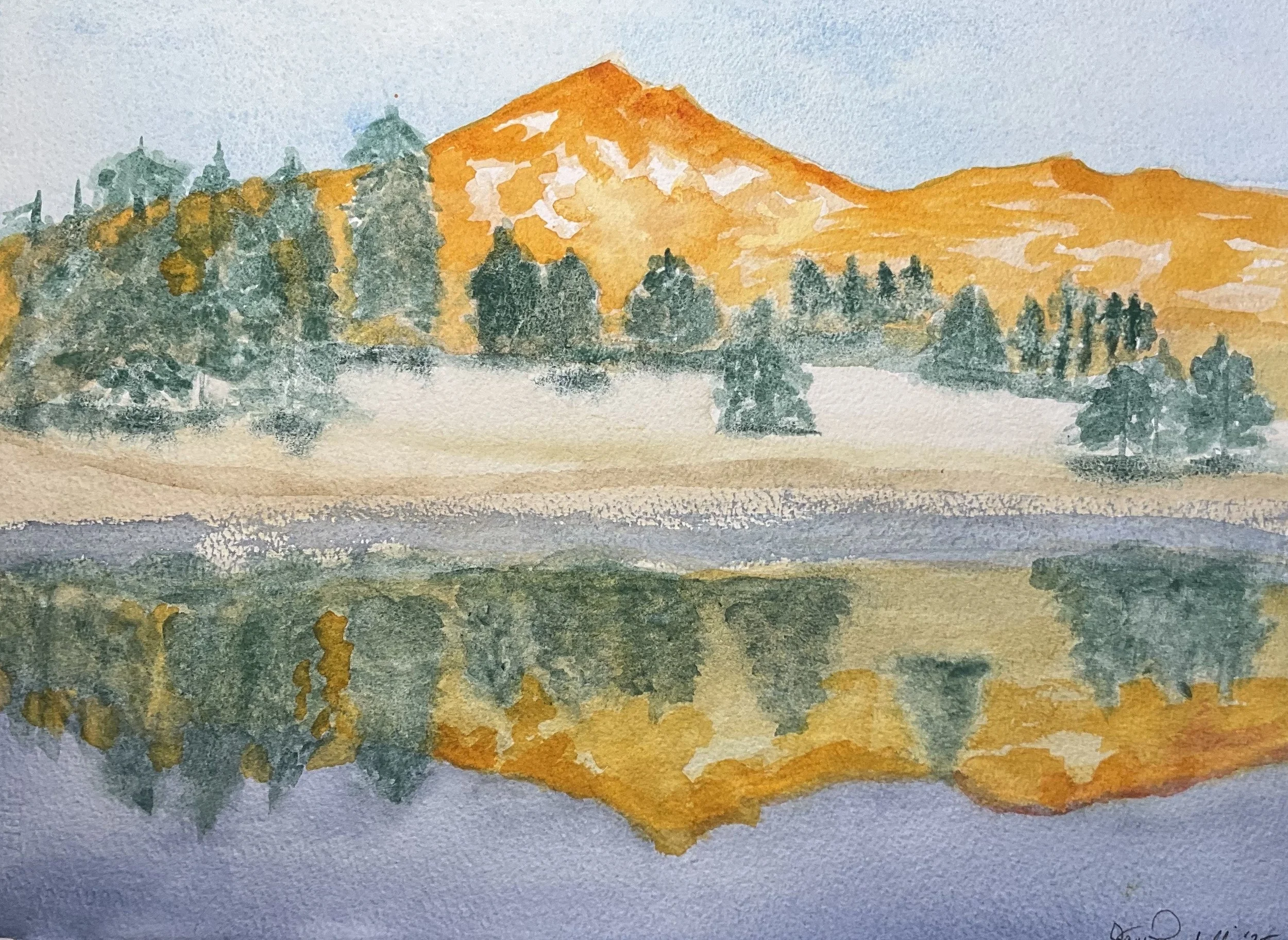 Green lake at Sunset over Sisters Mountain range, Cascades;  Watercolor