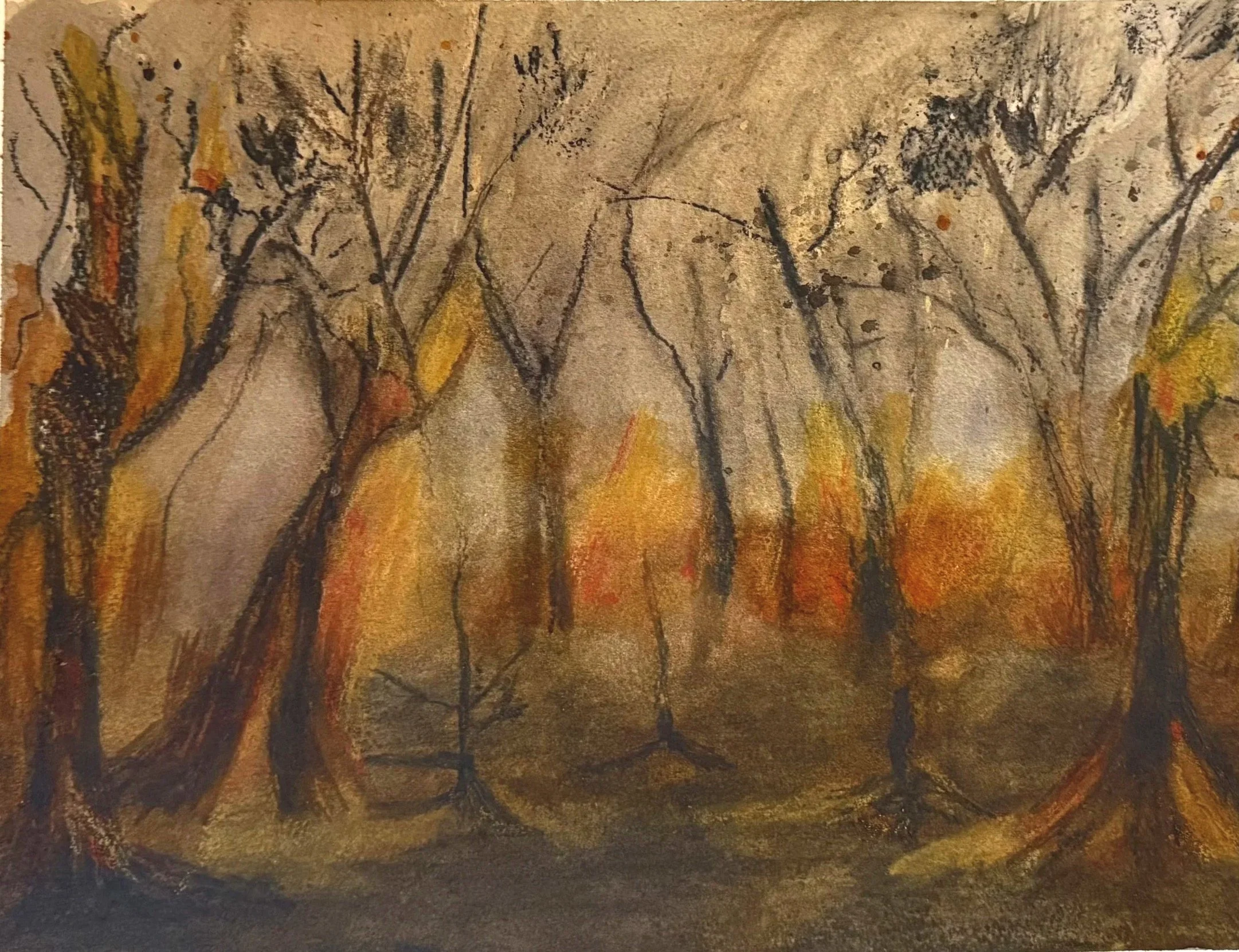 California Fire.  Watercolor and charcoal 