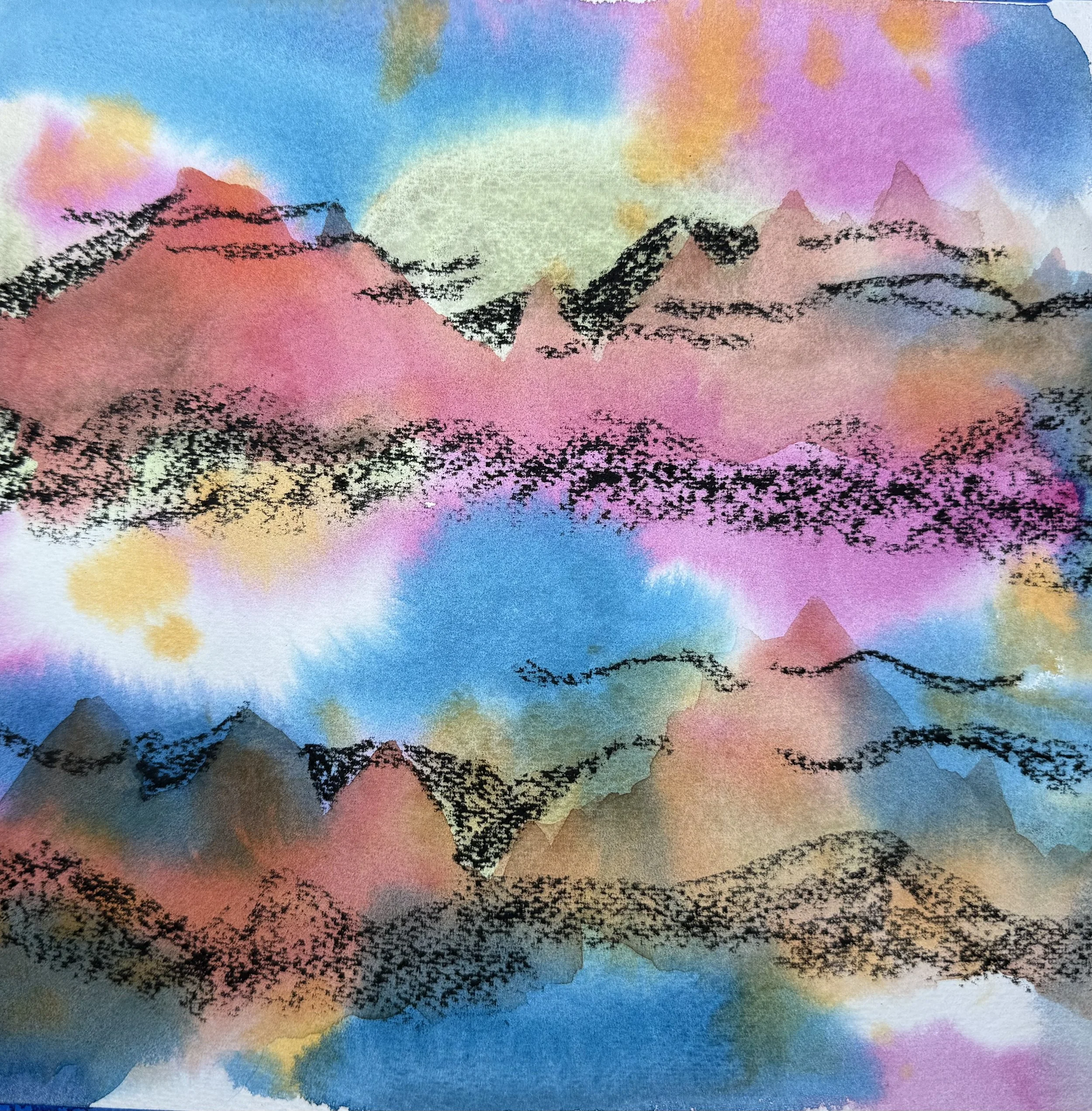 Watercolor and charcoal, abstract Cascade mountains 

