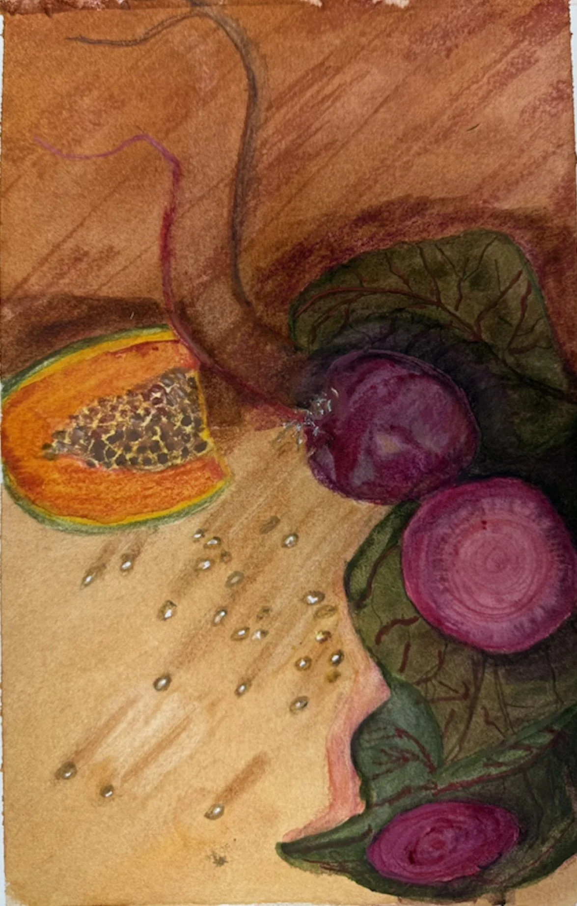 Beets and Papaya still life in sunlight. WC