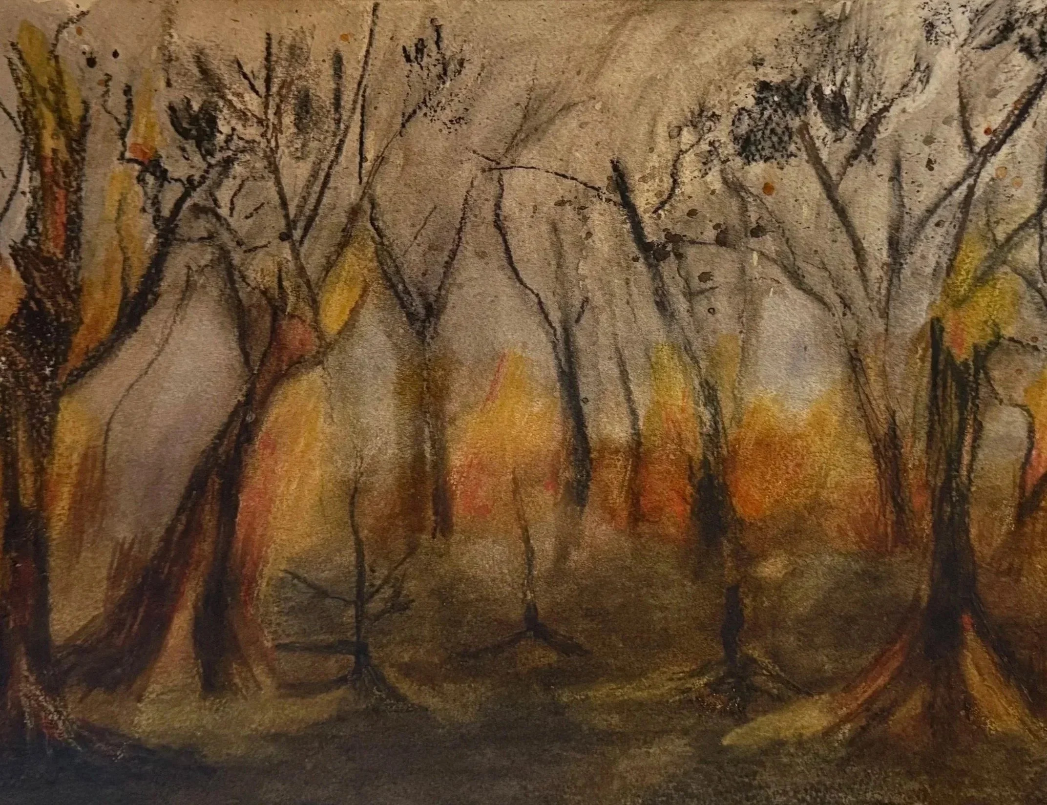A wall painting featuring a forest scene with tall, slender trees with dark trunks and few leaves, painted in earthy tones of brown, yellow, and orange.