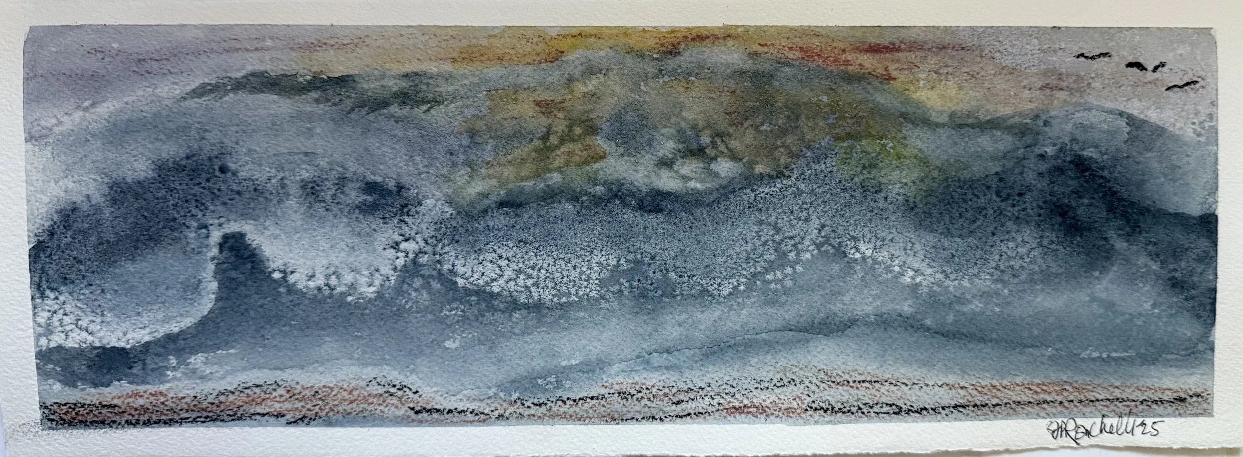 Ocean wave with sunset behind it, water color &  salt