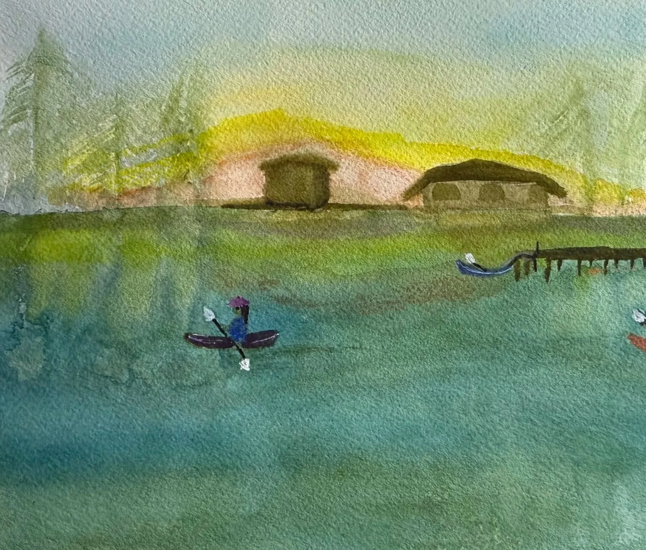 Watercolor painting of a house with a chimney and a curved roof, set against green rolling hills and trees, with roses in the foreground and a green fence below.