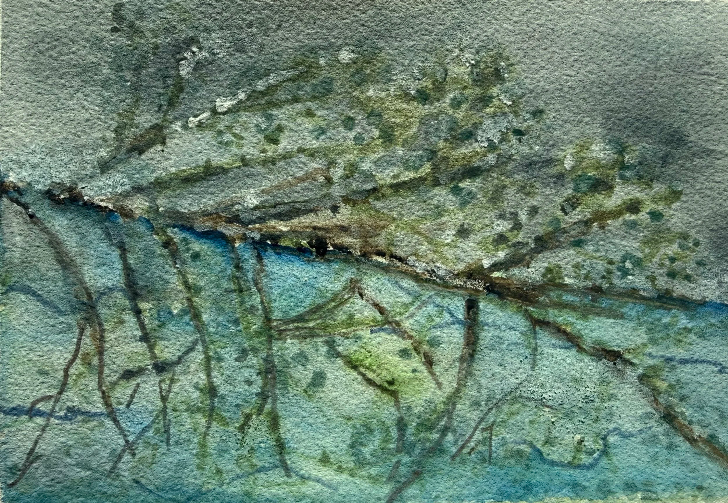 Close-up of a watercolor painting of a small green insect with black spots, wings, and long legs on textured paper.
