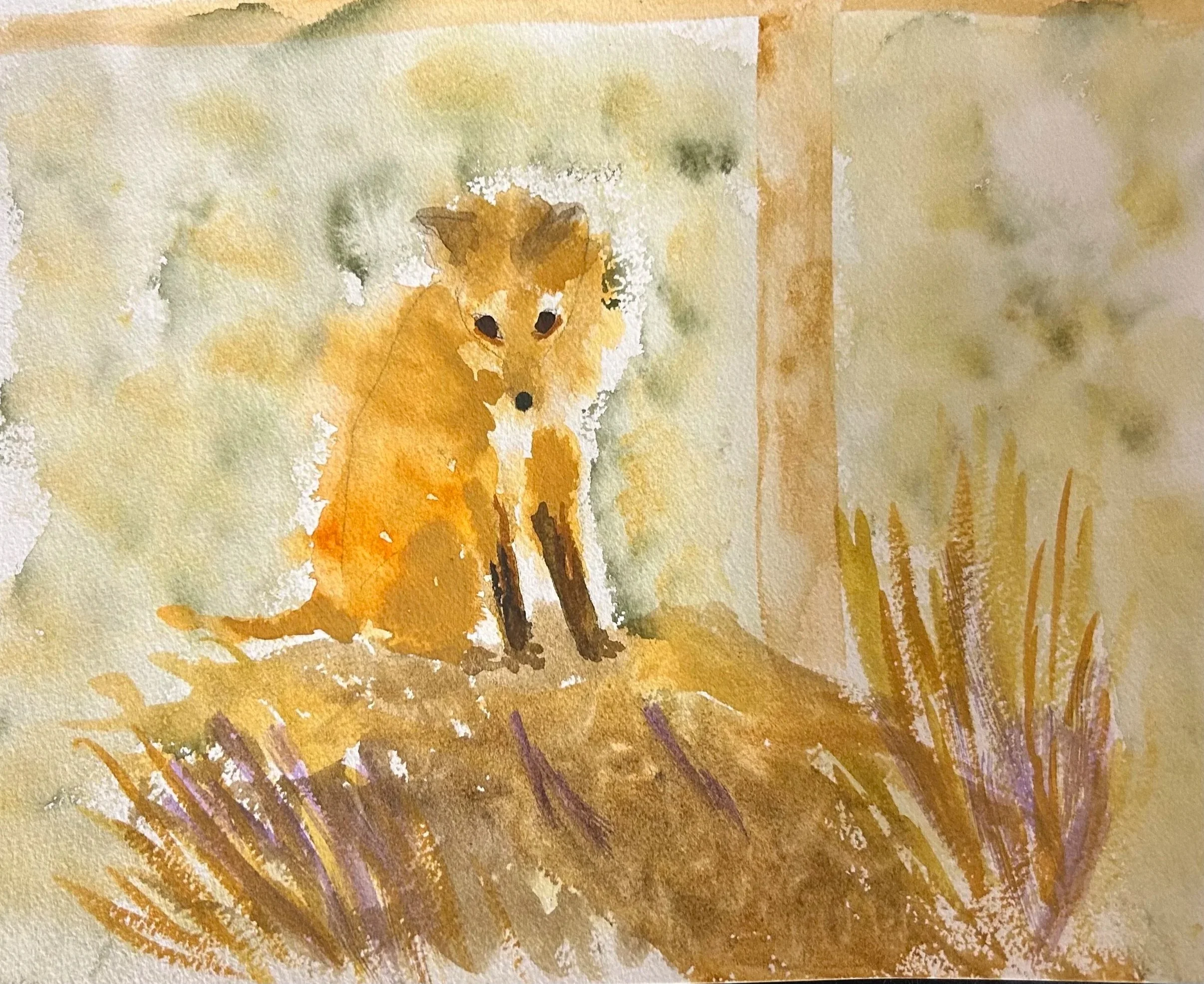 Watercolor painting of a dog, possibly a golden retriever, with a background of pastel colors and radiating lines at the bottom.