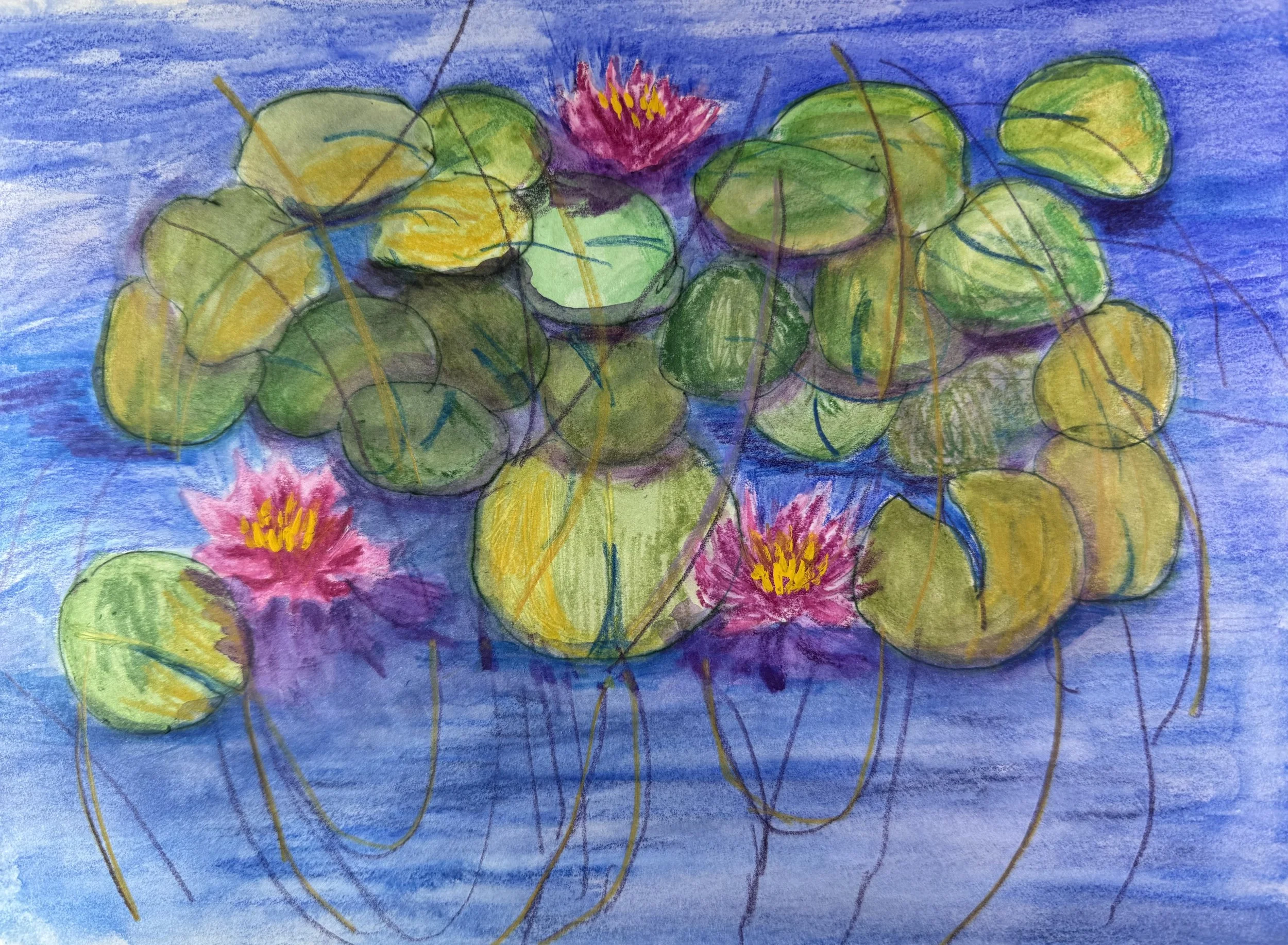 Lilly pond painted with WC pencils
