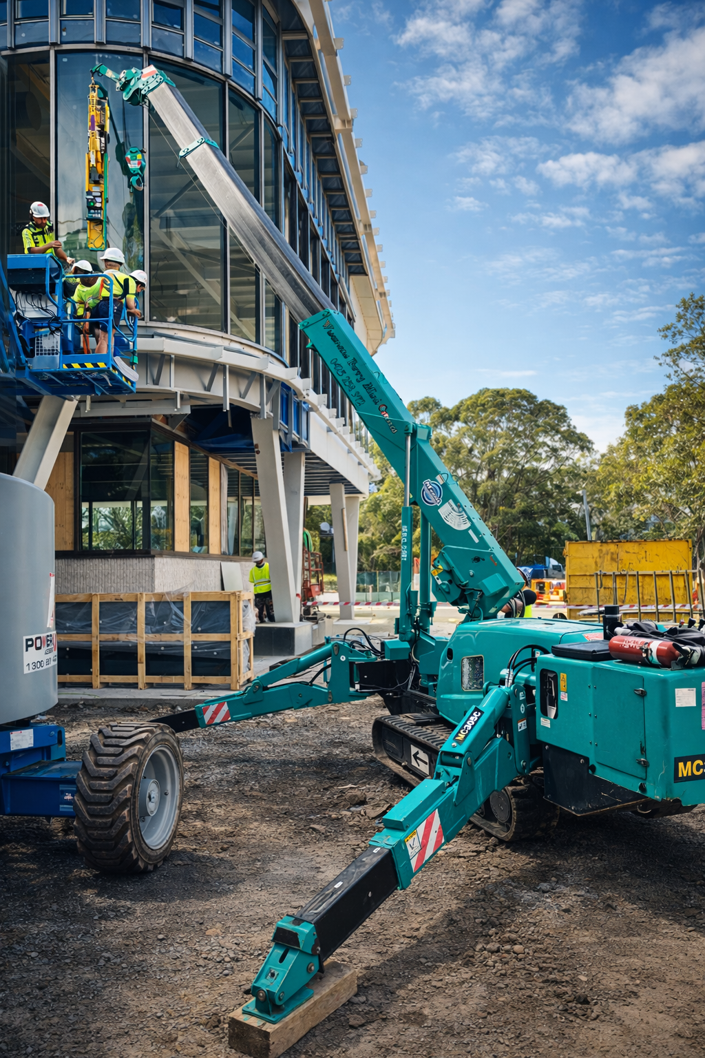 Construction workers in safety gear working on the exterior of a modern glass building, with a crane lifting materials in a sunny, outdoor setting.
