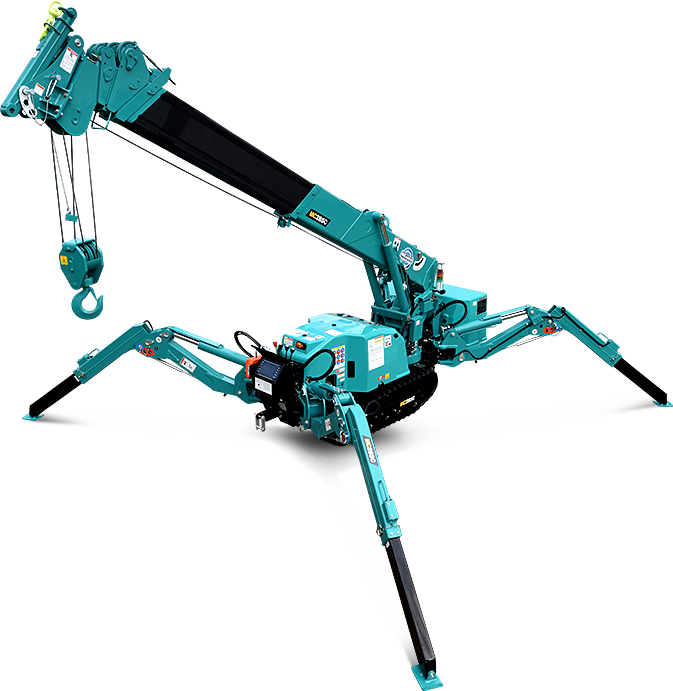 A teal articulating boom lift with extended arm and a hanging hook, designed for construction or industrial use.