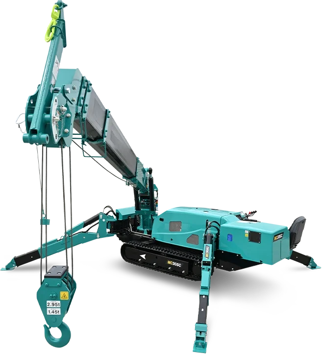 Large teal hydraulic crane with extendable boom and tracked base, used for lifting heavy loads in construction or industrial settings.