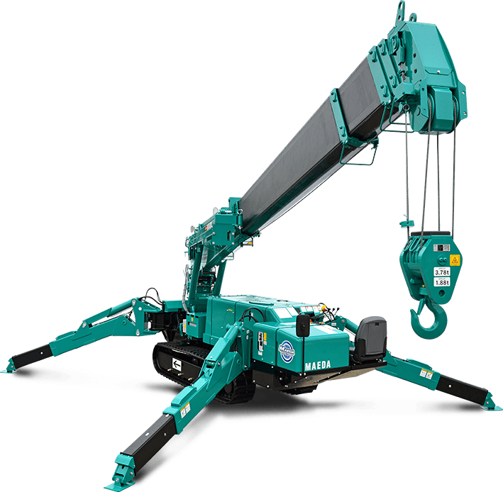 A teal-colored mobile crane with extendable boom and hook, positioned on a black background.