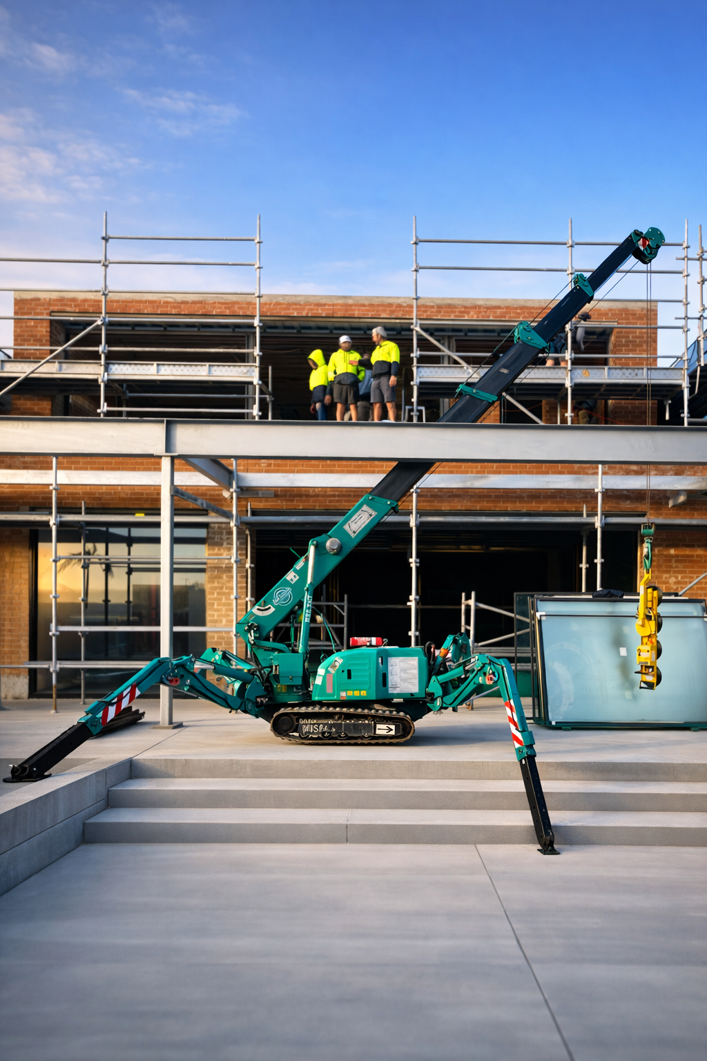 Construction workers in yellow safety vests and helmets standing on an upper scaffolding level of a building under construction. A teal construction crane is positioned on the front, with its arm extended upward. The building is made of brick, and the scene is set against a partly cloudy blue sky.