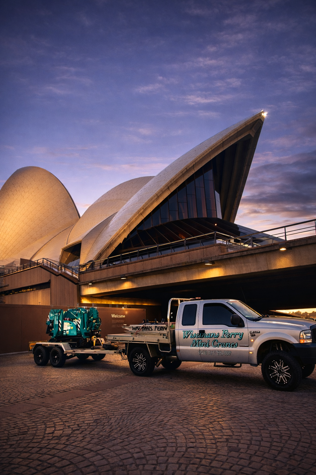 The Sydney Opera House at dusk with a service truck parked in front bearing the company name Wisecrands Ferry Mini Cranes.