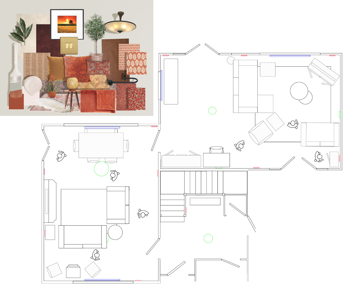 Mood board with warm tones and furniture, adjacent to a detailed floor plan.