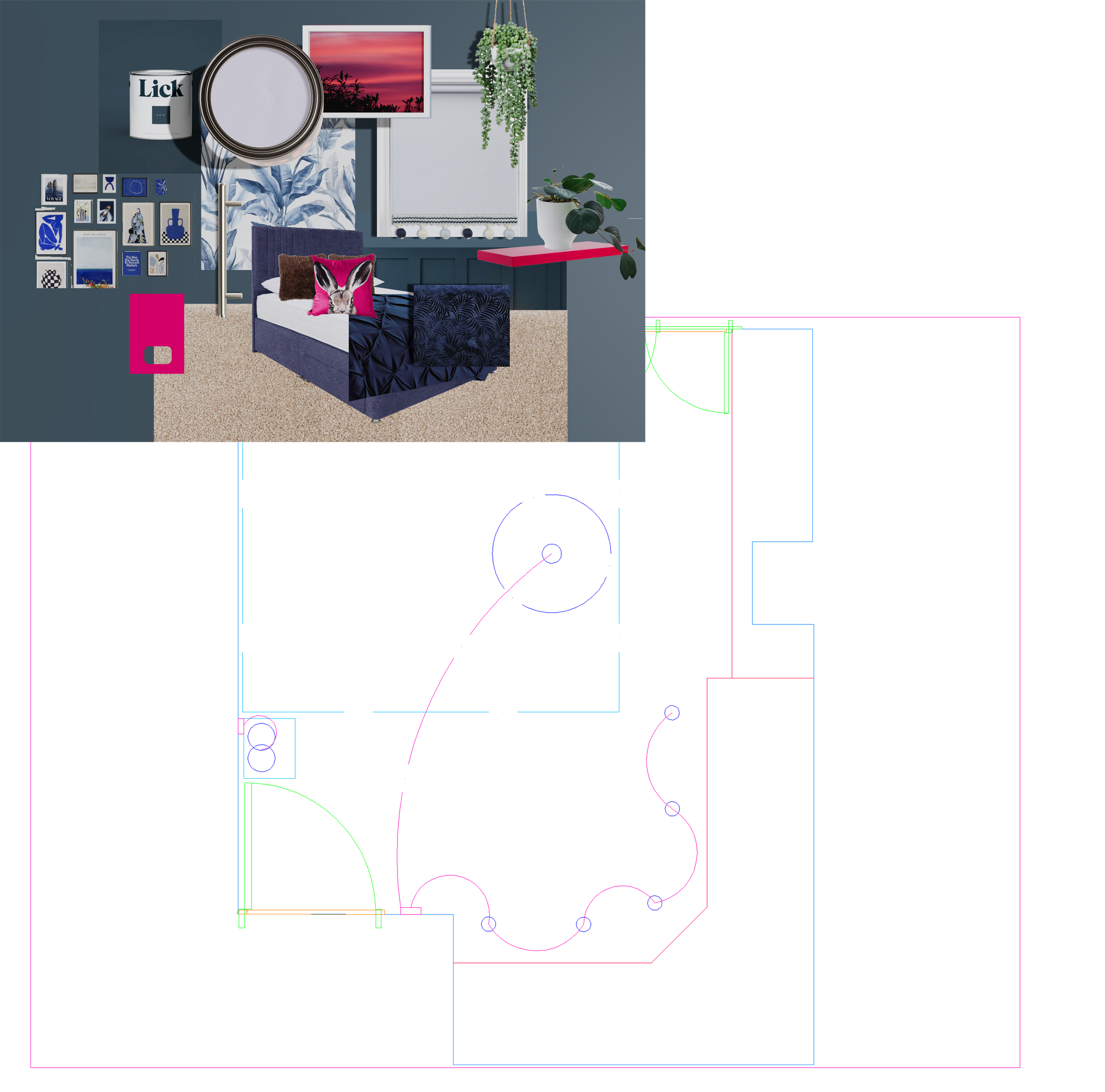 Blue bedroom and electrical lighting plan