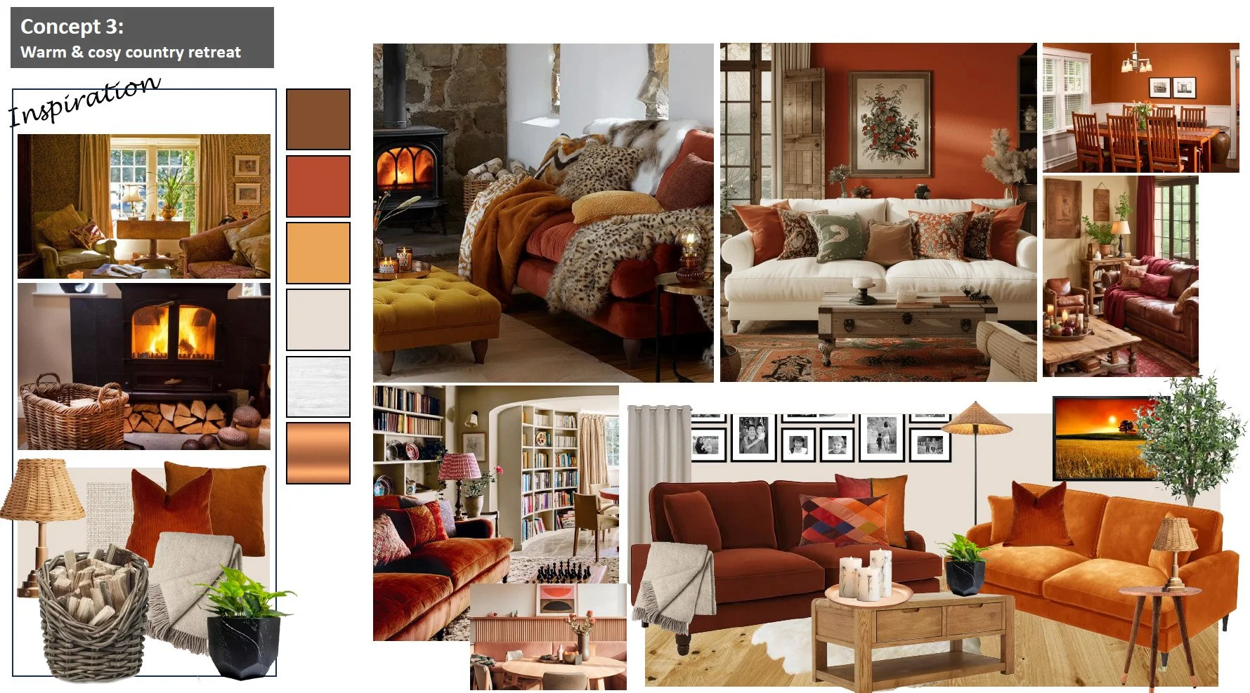 Interior design mood board featuring various living room setups with fireplaces, sofas, and warm colours like orange, brown, and cream. Includes colour swatches, pillows, throws, and decor elements like rugs, lamps, and plants.