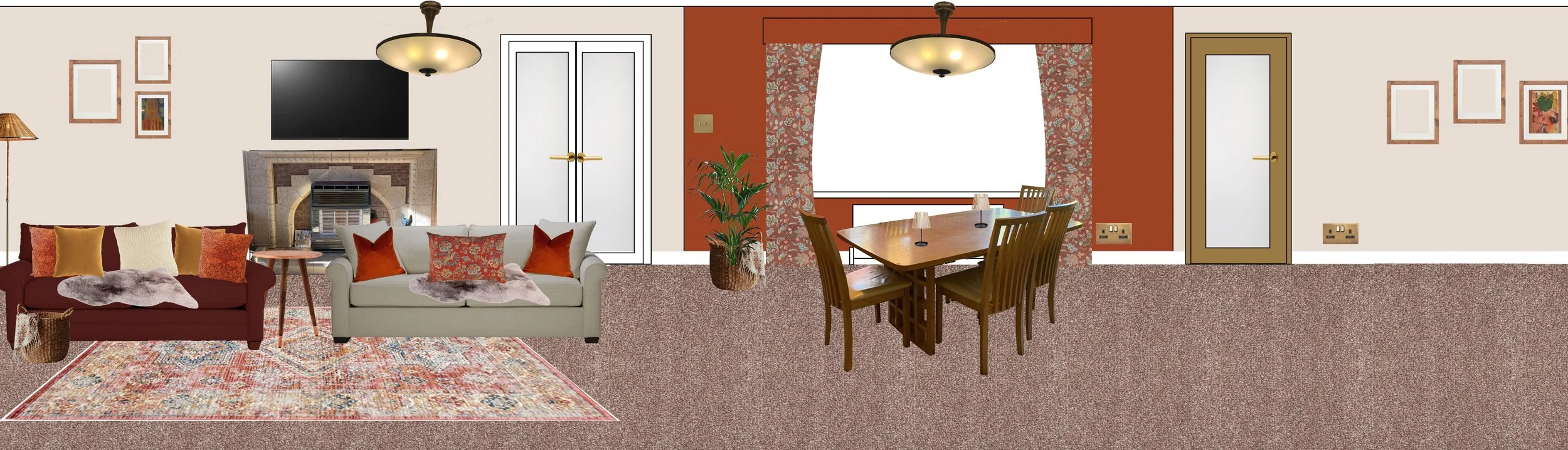 Living room with two sofas, cushions, rug, fireplace, TV, dining table with chairs, ceiling lights, plant, and framed pictures.